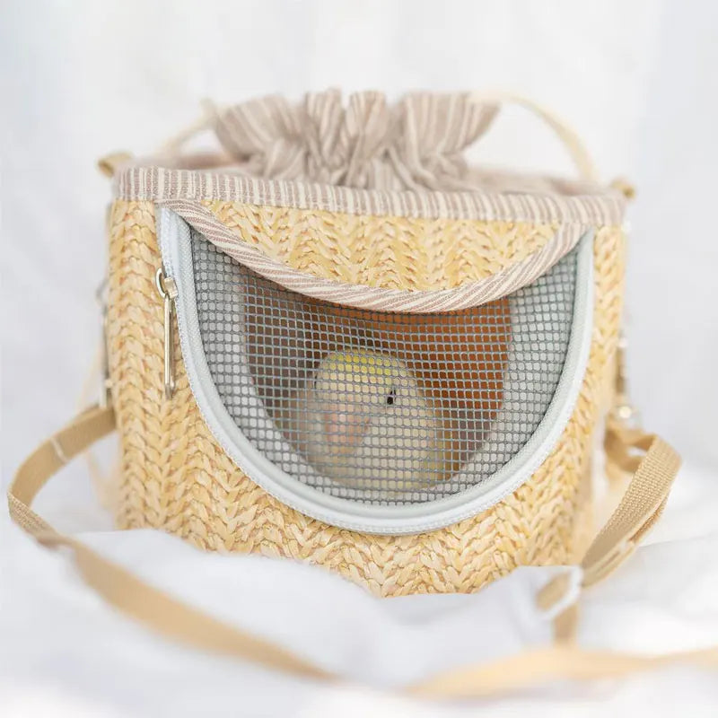 Jaula para loros con pajita tejida, mochila para mascotas pequeñas, portátil, transpirable, exterior, suministros para pájaros