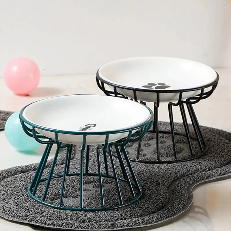 Juego de platos de cerámica para gatos con estante de hierro para comida y agua