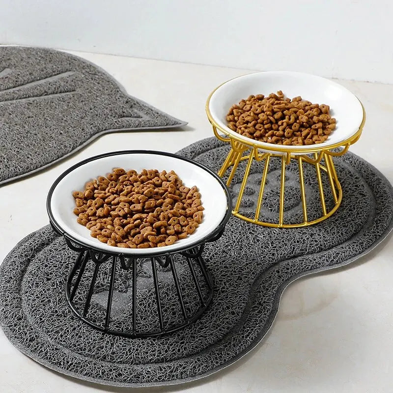 Juego de platos de cerámica para gatos con estante de hierro para comida y agua