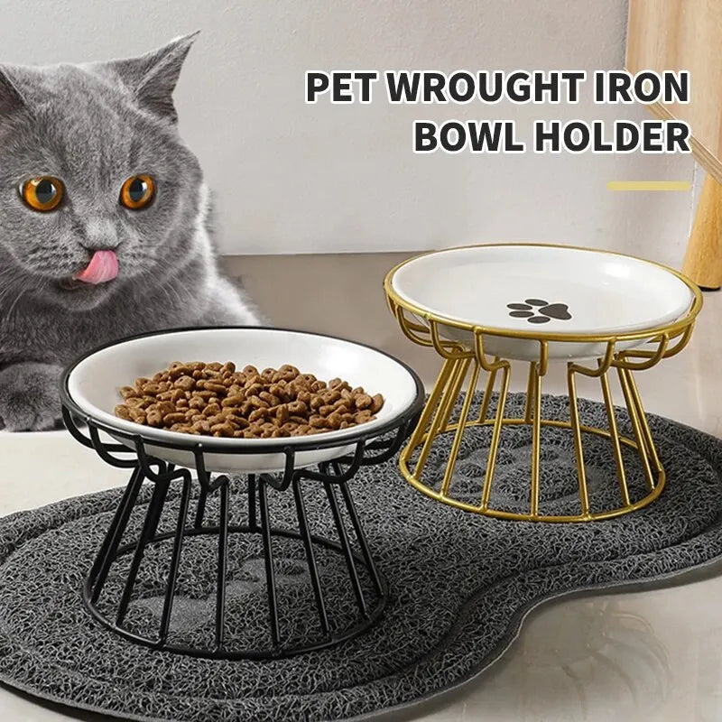 Juego de platos de cerámica para gatos con estante de hierro para comida y agua