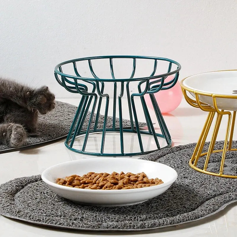 Juego de platos de cerámica para gatos con estante de hierro para comida y agua